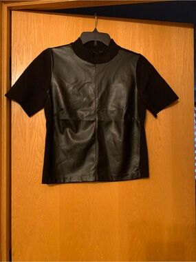 Ann Taylor Black Faux Leather Front Short Sleeve Sweater